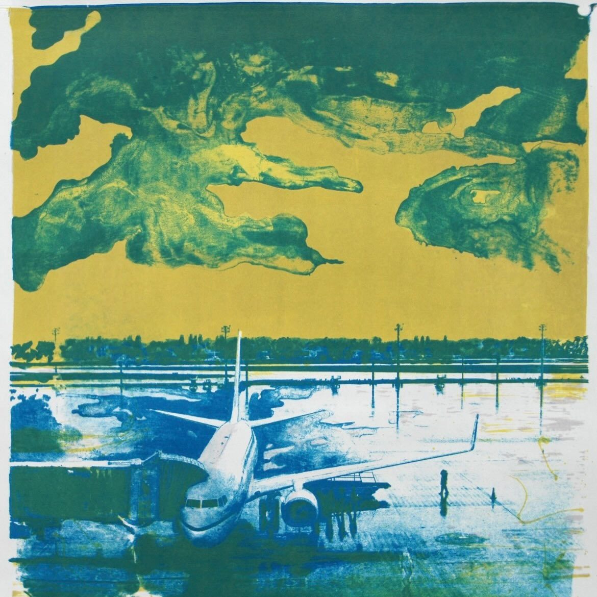 Waiting Hall — colour lithograph of a plane at the gate